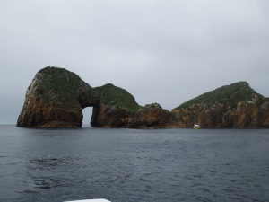 A dive boat next to the Poor Knight's Southern Arch, the largest sea arch in the southern hemisphere.
